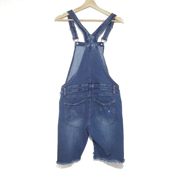 Bluenotes | Cut Off Denim Raw Hem Distressed Overall Shorts - Picture 2 of 8